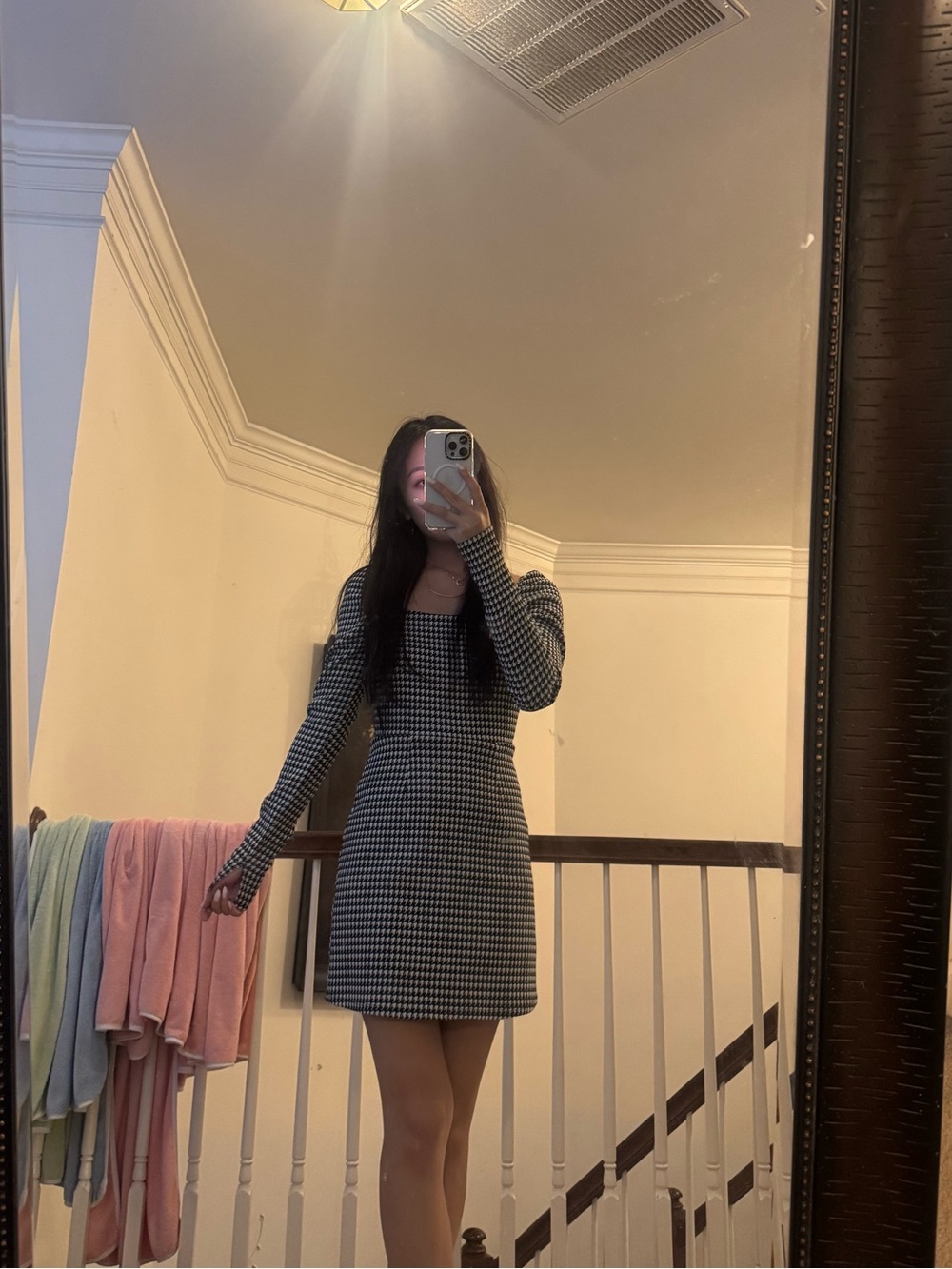 Black and White Houndstooth Long Sleeve Square Neck Dress